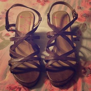 Brown strappy Jellypop wedge. Size 8.5